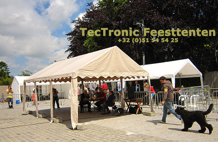 Professionele pvc partytent 4x6 beige (hier zonder zijwanden) tijdens de keuring van de Vlaamse Koehond in Eernegem.