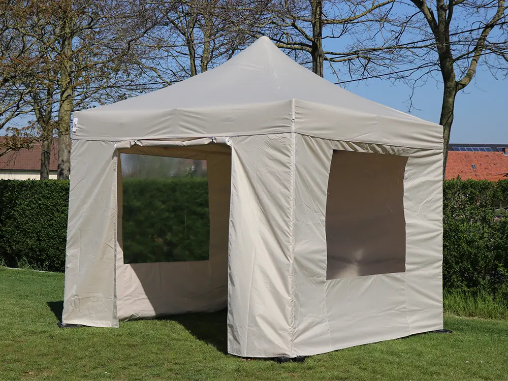 Vouwtent 3 x 3 m s40 beige met zijwanden: 1 blind, 2 ramen en 1 deur